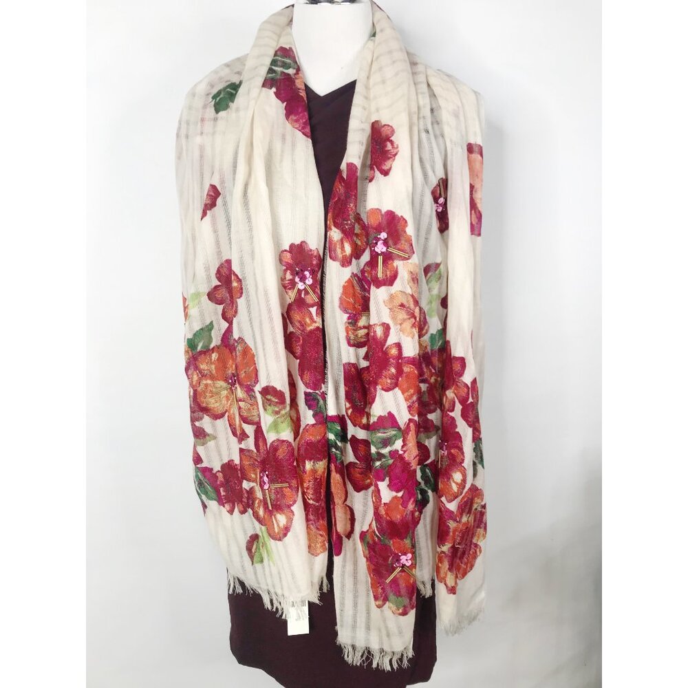 Anthropologie Scarf Womens Red Orange Floral Wool Sheer Fringe Sequins 31 X 72 - Picture 2 of 12